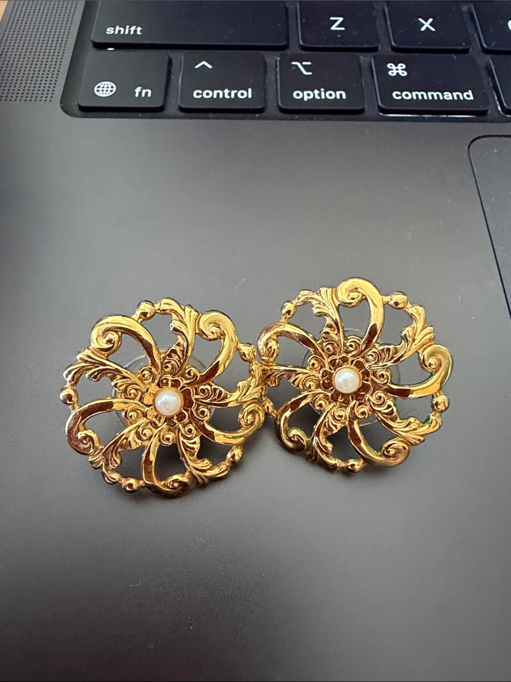 Vintage Avon Gold Filigree Floral Clip-On Earrings with Pearl Accent